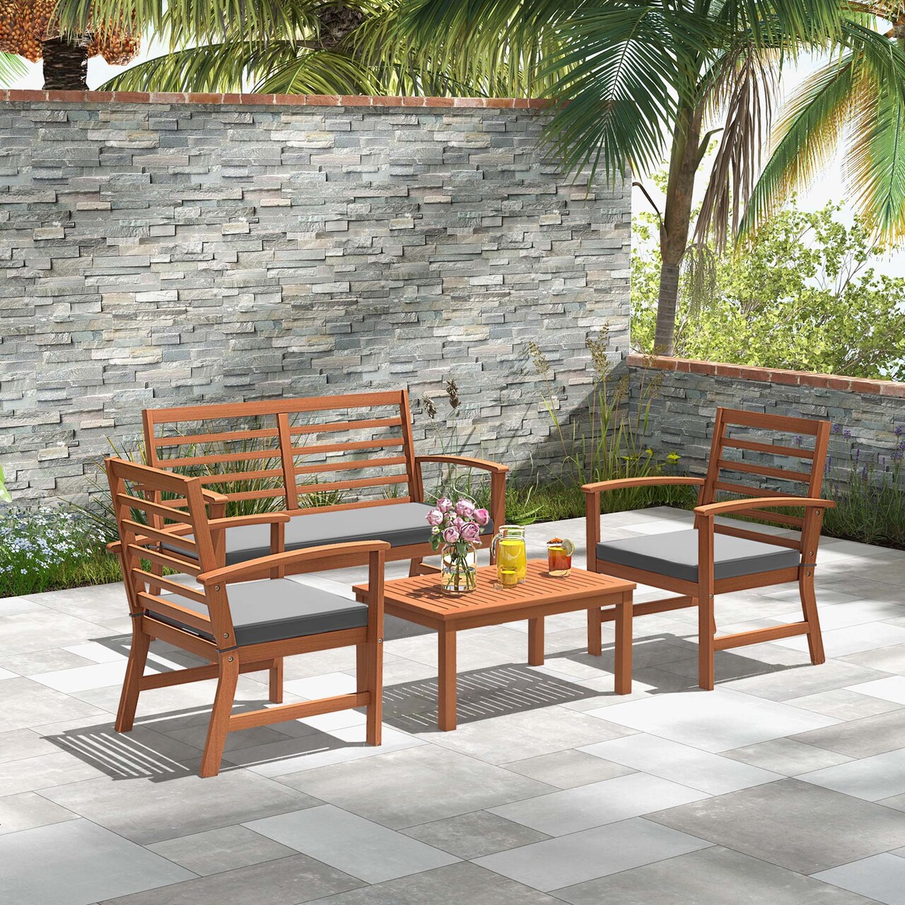 Costway 4 PCS Outdoor Furniture Set with Soft Seat Cushions Stable Acacia Wood Frame White/Navy/Gray